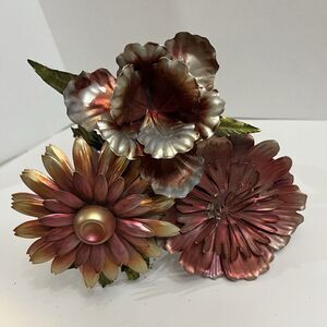 Lot of 3 Vtg Metal Flower Garden Stakes Yard Art Red Bronze Outdoor Decor